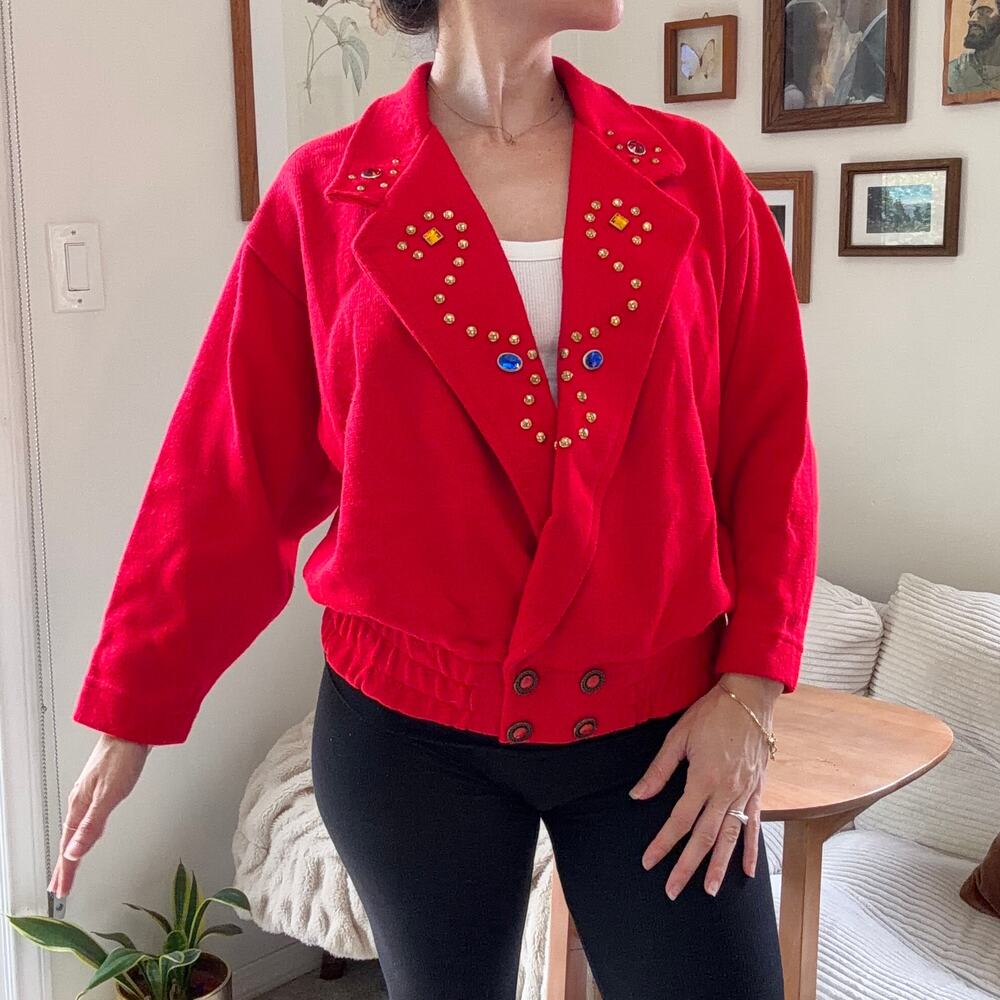 Evergreen Wool Vintage Embellished Red Retro 80s Jewel Studs Cardigan Size S